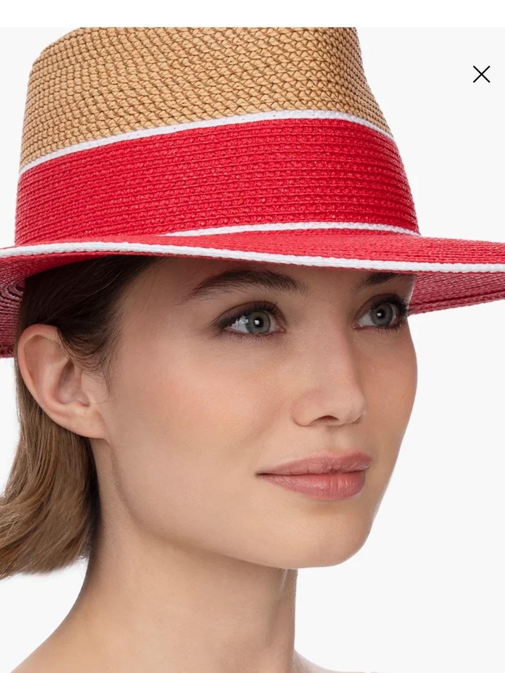 NWT! Eric Javits Two-Tone Straw Fedora with Red brim